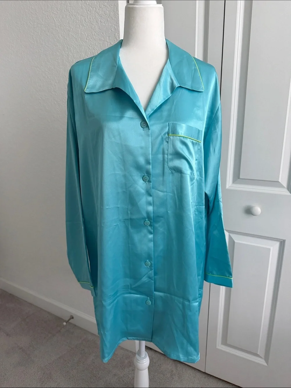 Vintage 90s Victoria’s Secret Satin Nightshirt Aqua Blue Slip Dress L Y2K